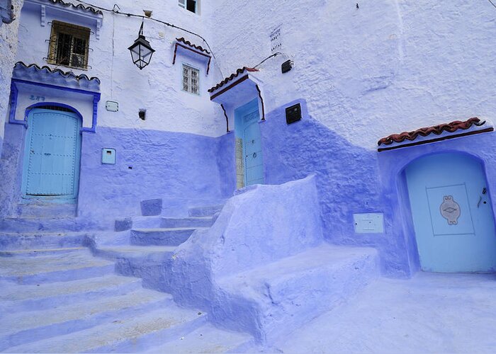 Morocco Greeting Card featuring the photograph Three Blue Doors in Chefchaouen by Liz Pinchen