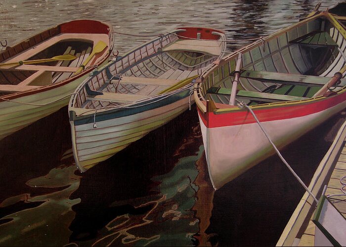 Boats Greeting Card featuring the painting Three Boats by Thu Nguyen