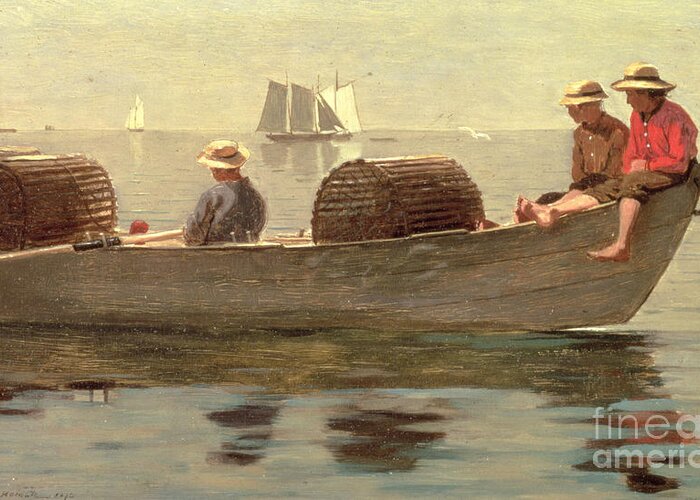 Boat Greeting Card featuring the painting Three Boys in a Dory by Winslow Homer