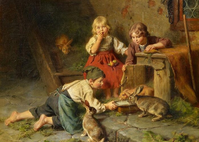 Felix Schlesinger Greeting Card featuring the painting Three Children Feeding Rabbits by Felix Schlesinger