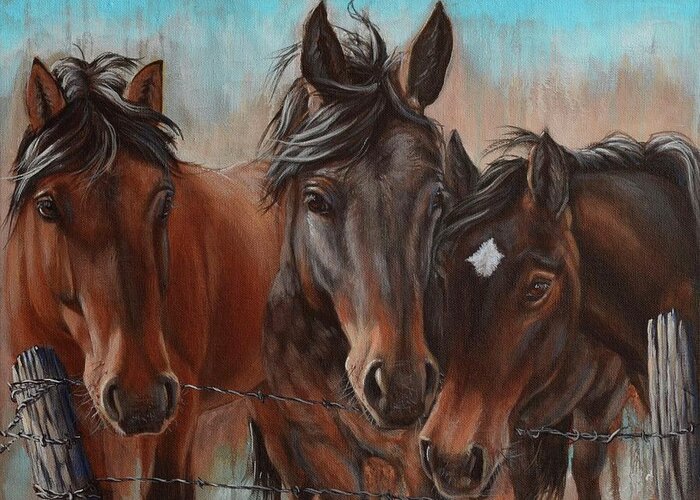 Horses Greeting Card featuring the painting Three Curious Friends by Cindy Welsh