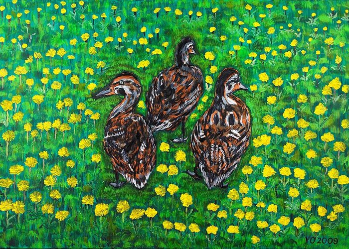Bird Greeting Card featuring the painting Three Ducklings by Valerie Ornstein