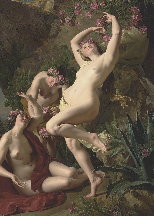 19th Century Art Greeting Card featuring the painting Three Graces Garlanded with Roses by Ferdinand Georg Waldmuller