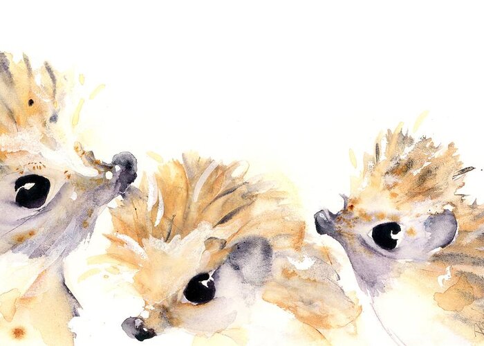 Hedgehog Watercolor Greeting Card featuring the painting Three Hedgehogs by Dawn Derman