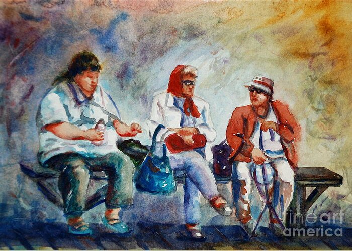 Portrait Greeting Card featuring the painting Three in San Diego by Joyce Guariglia