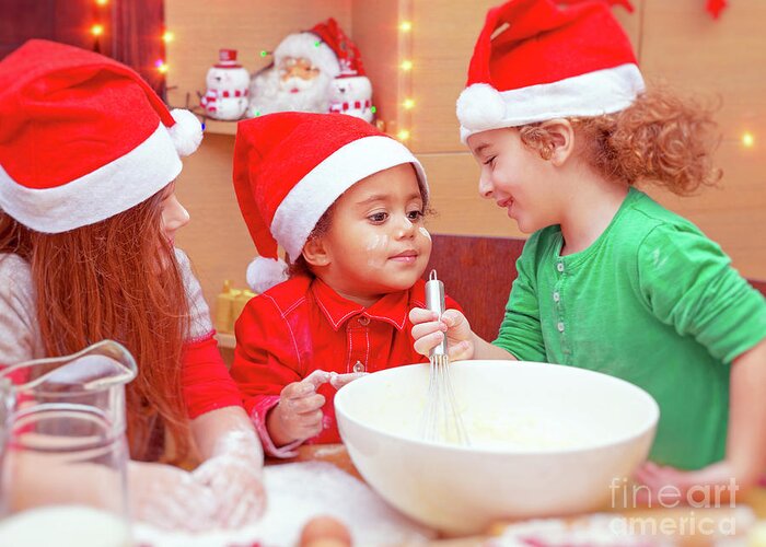African American Greeting Card featuring the photograph Three kids making Christmas cookies by Anna Om