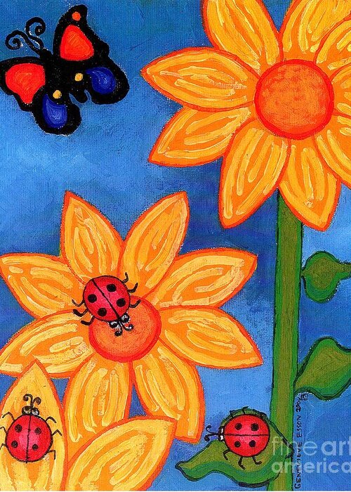 Ladybugs Greeting Card featuring the painting Three Ladybugs and Butterfly by Genevieve Esson