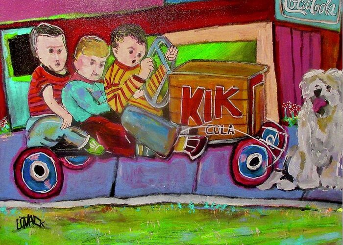 Soap Box Car Greeting Card featuring the painting Three Pals on a Ride by Michael Litvack