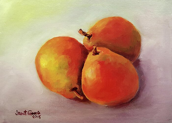 Pear Greeting Card featuring the painting Three Pears by Janet Garcia