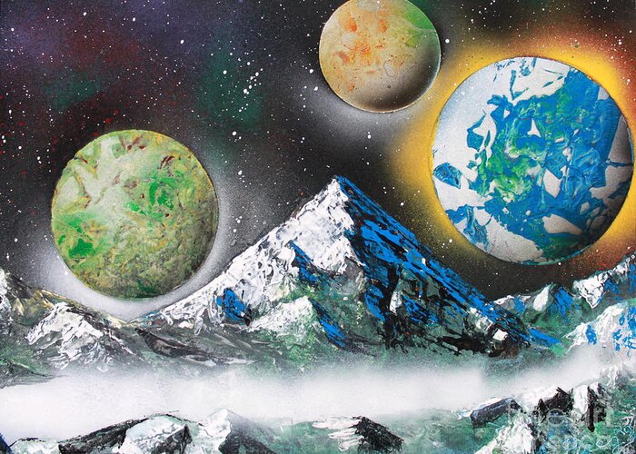 Space Art Greeting Card featuring the painting Three Planets by Greg Moores