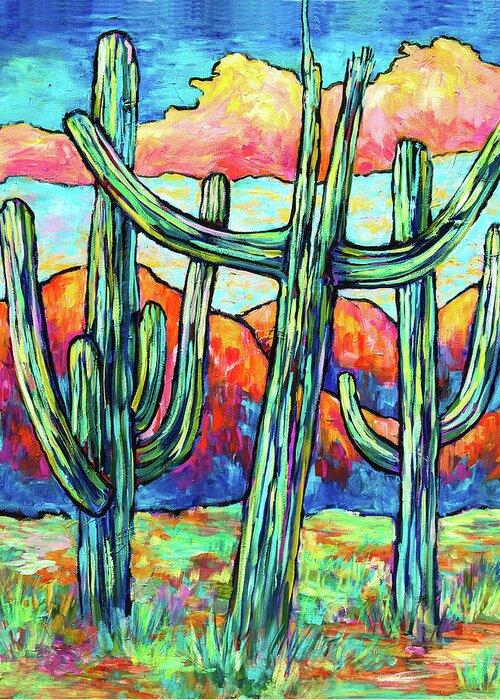 Saguaros Greeting Card featuring the painting Three Saguaros by Sally Quillin