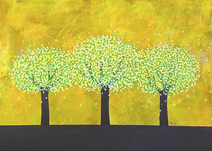 Trees Greeting Card featuring the painting Three trees by Wonju Hulse