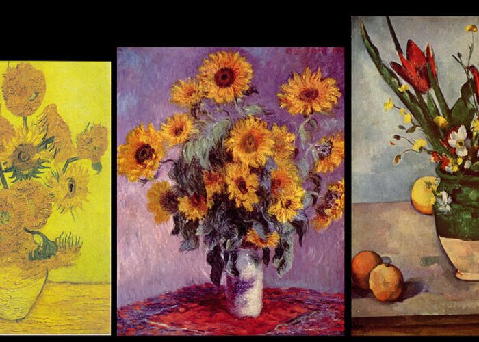 Modern Greeting Card featuring the digital art Three Vases van Gogh - Monet - Cezanne by David Bridburg