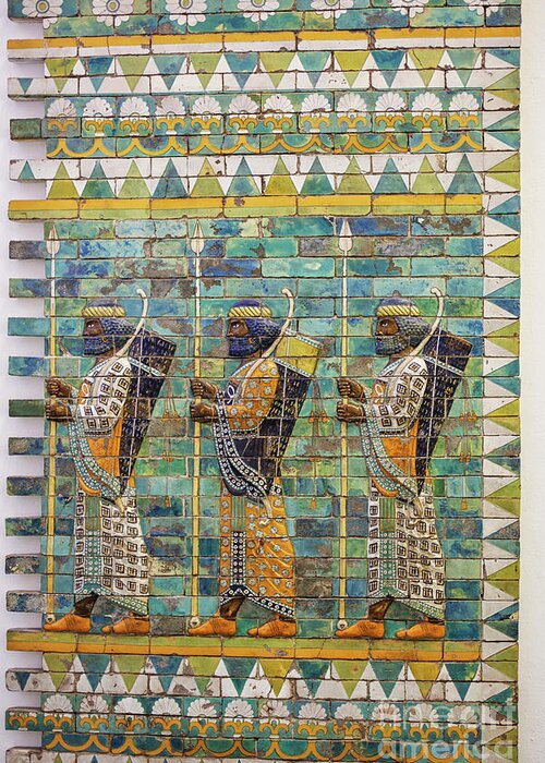 Babil Greeting Card featuring the photograph Three warriors on ancient wall from Babylon by Patricia Hofmeester