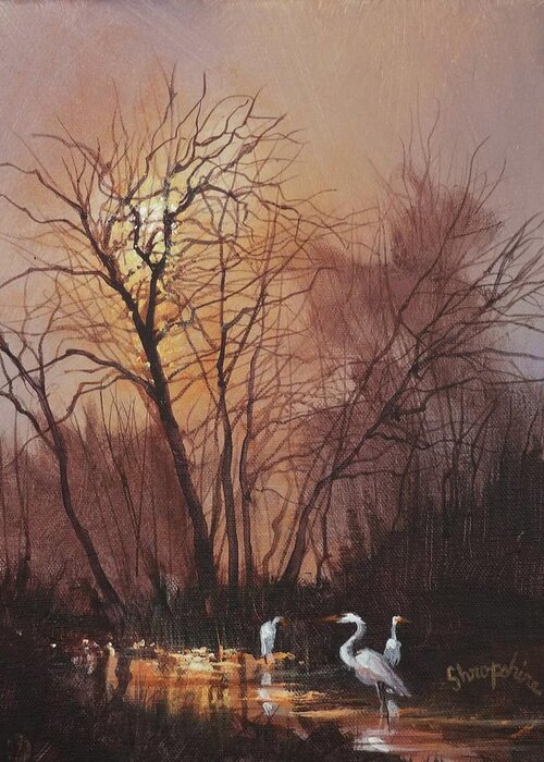 Cranes Greeting Card featuring the painting Threefold by Tom Shropshire