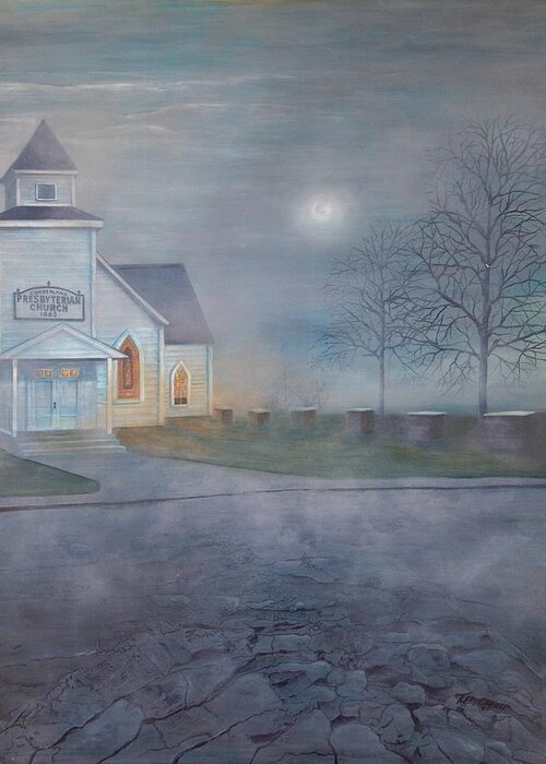 Church Greeting Card featuring the painting Through the Fog by Teresa Fry