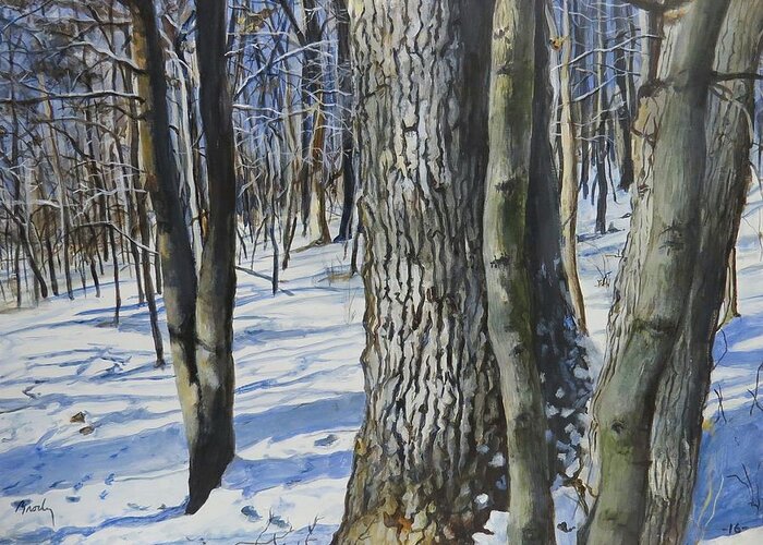 Winter Greeting Card featuring the painting Through The Woods by William Brody