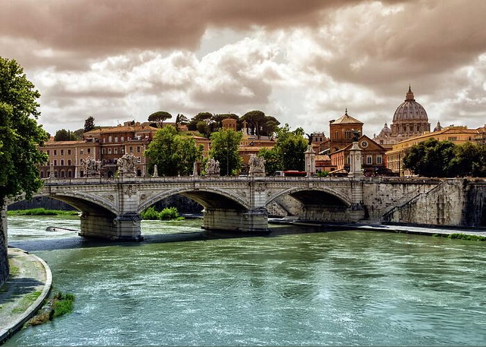 Rome Greeting Card featuring the photograph Tiber river, Ponte Sant'Angelo and St. Peter's cathedral, Roma, Italy by Elenarts - Elena Duvernay photo