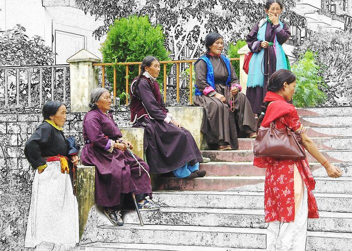 Tibet Greeting Card featuring the digital art Tibetan Women Waiting by Karla Beatty