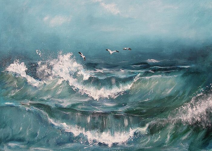 Ocean Element Tide Wave Sea Seagull Sky Clouds Seascape Blue Water Danger Acrylic On Canvas Print Greeting Card featuring the painting Tide by Miroslaw Chelchowski