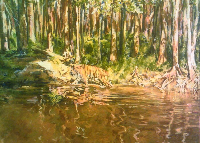 Tiger Greeting Card featuring the painting Tiger Lake by Rosanne Gartner