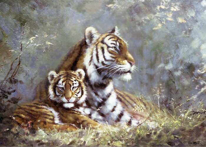 Tigress And Her Young Cub Greeting Card featuring the painting Tigress and cub by Silvia Duran
