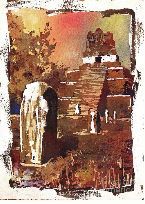 Archaeological Site Greeting Card featuring the painting Tikal Mayan ruins- Guatemala by Ryan Fox