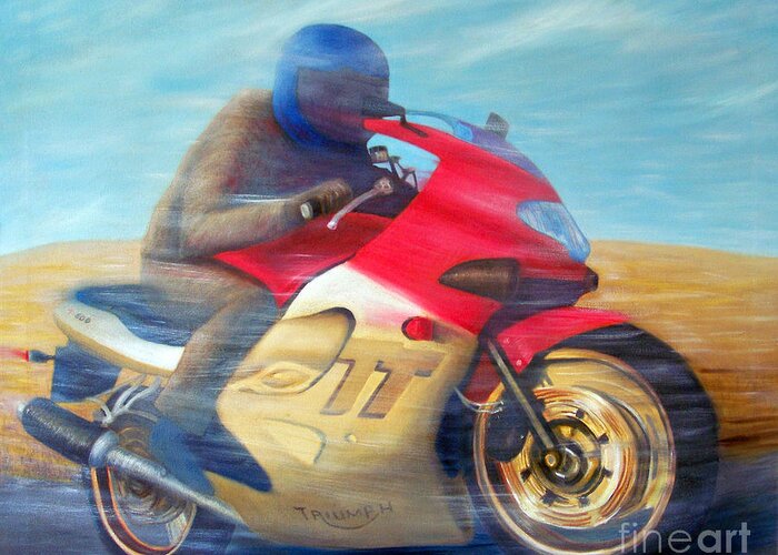 Motorcycle Greeting Card featuring the painting Time and Space Equation - Triumph 600TT by Brian Commerford