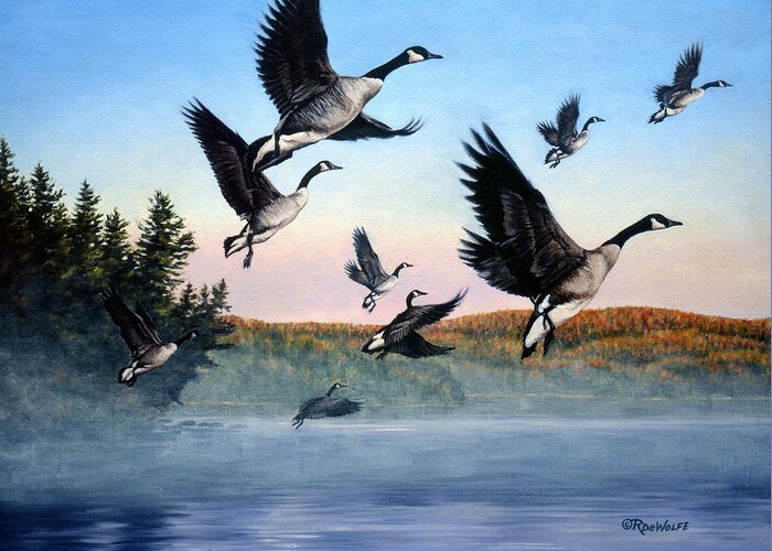 Geese Greeting Card featuring the painting Time To Go by Richard De Wolfe