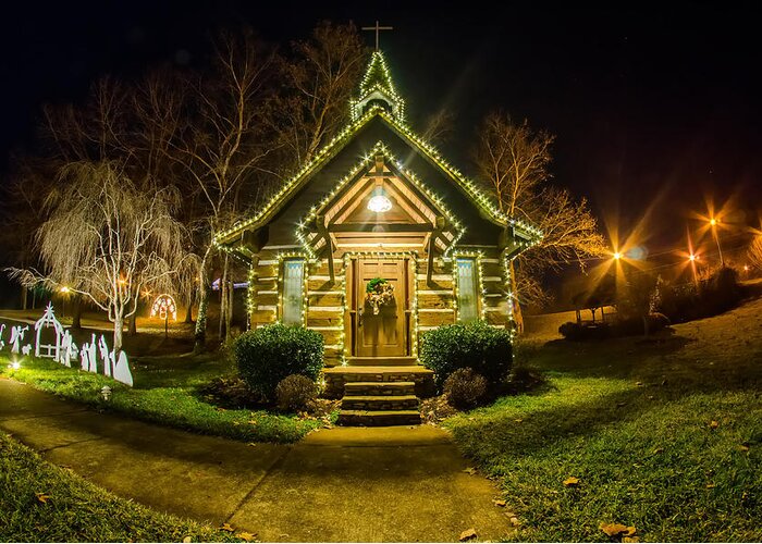 Tiny Greeting Card featuring the photograph Tiny Chapel With Lighting At Night by Alex Grichenko