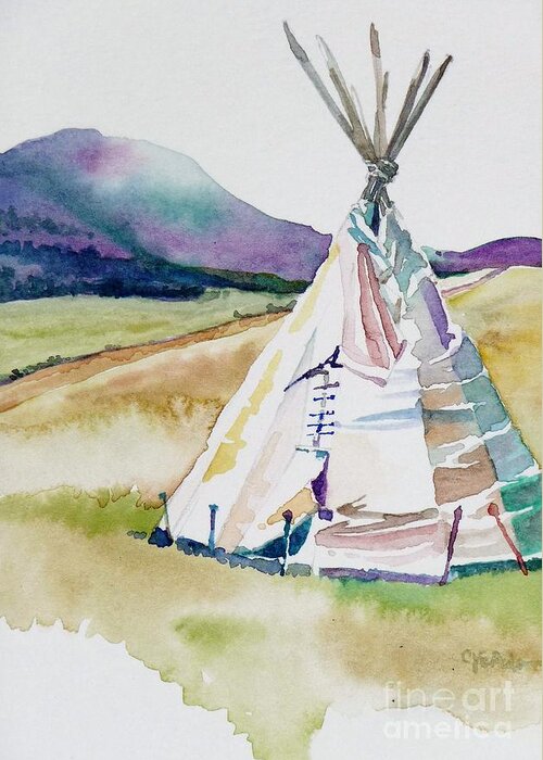 Watercolor Tipi Teepee Plains Ranch Westcliffe Colorado Camping Music Meadows Greeting Card featuring the painting Tipi at Music Meadows by Cheryl Emerson Adams
