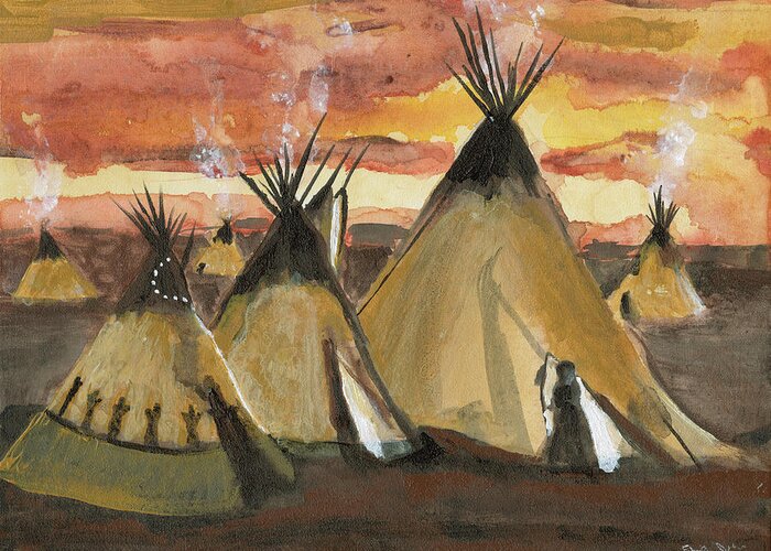 Tepee Greeting Card featuring the painting Tepee Village by Sheila Johns