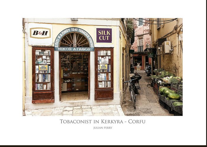 Corfu Town Greeting Card featuring the digital art Tobaconist in Kerkyra - Corfu by Julian Perry