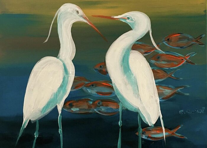 Egret Greeting Card featuring the painting Today's Catch by Christina Schott