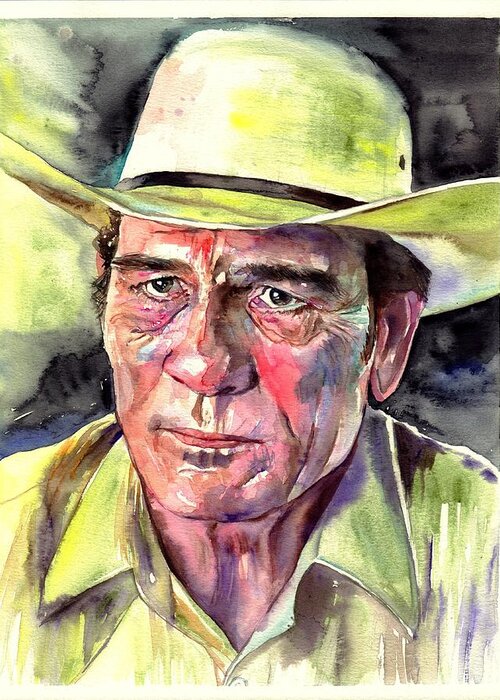 Tommy Greeting Card featuring the painting Tommy Lee Jones portrait watercolor by Suzann Sines