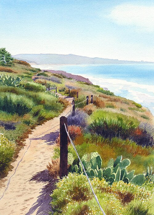 Landscape Greeting Card featuring the painting Torrey Pines Guy Fleming Trail by Mary Helmreich