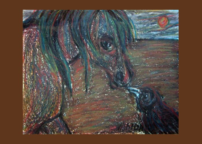 Katt Yanda Original Art Pastel Chalk Drawing Horse Crow Greeting Card featuring the pastel Touching Noses by Katt Yanda