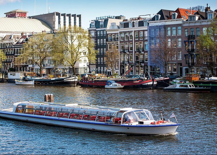 Jenny Rainbow Fine Art Photography Greeting Card featuring the photograph Touristic Boat at Amsterdam Canal by Jenny Rainbow