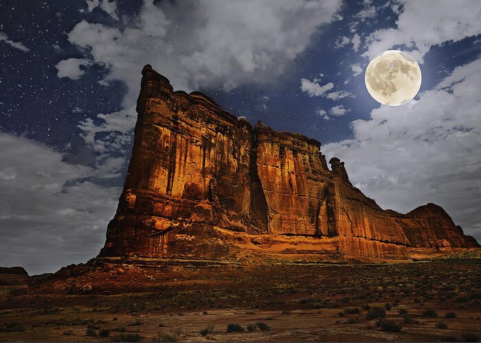 Desert Greeting Card featuring the digital art The Midnight Tower by John Christopher