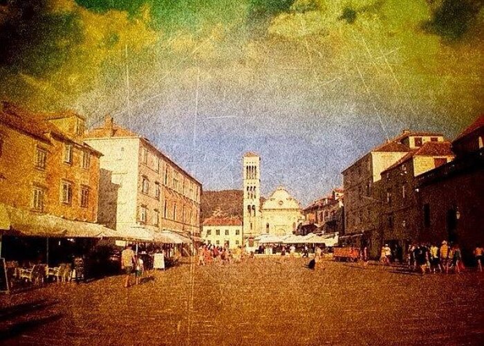Edit Greeting Card featuring the photograph Town Square #edit - #hvar, #croatia by Alan Khalfin