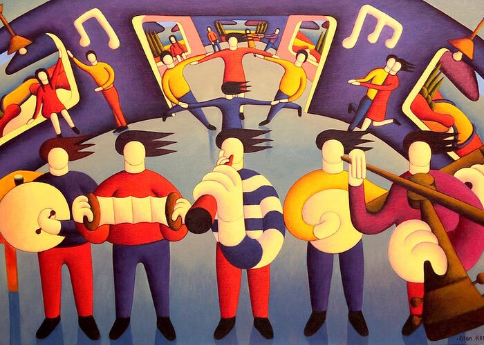 Traditional Greeting Card featuring the painting Traditional irish session with dancers  by Alan Kenny
