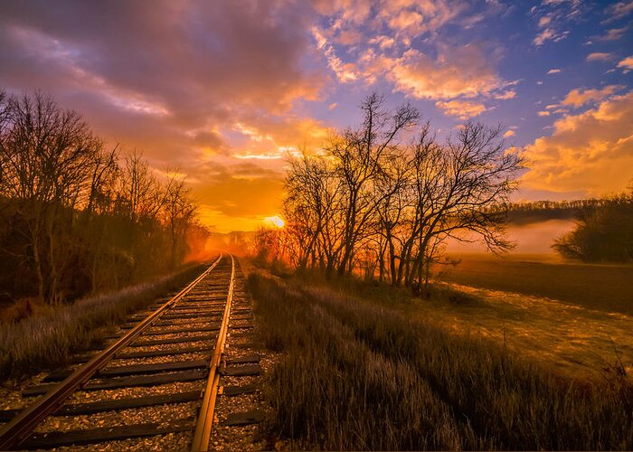 Arrival Greeting Card featuring the photograph Train Track Sunrise by Brian Stevens