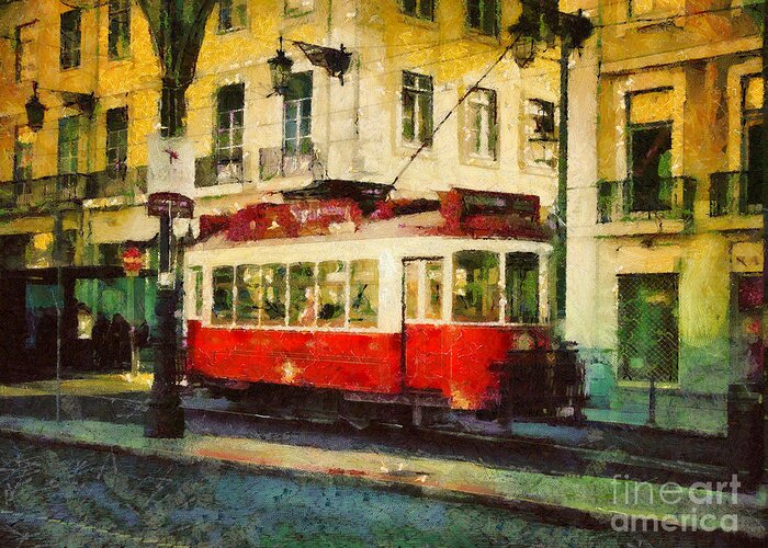 Painting Greeting Card featuring the painting Tram in Lisbon by Dimitar Hristov