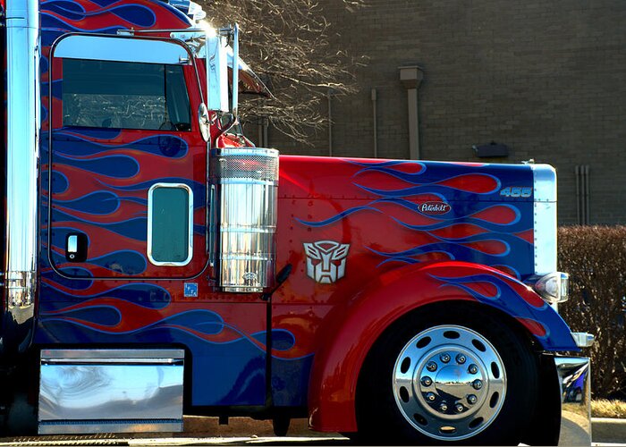 Transformers Greeting Card featuring the photograph Transformers Optimus Prime Tow Truck #2 by Tim McCullough