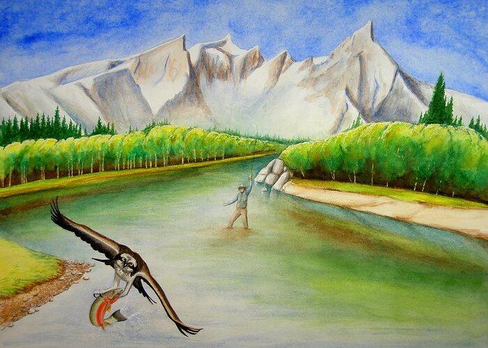 Osprey Greeting Card featuring the painting Trapper Peak Poacher by Scott Manning
