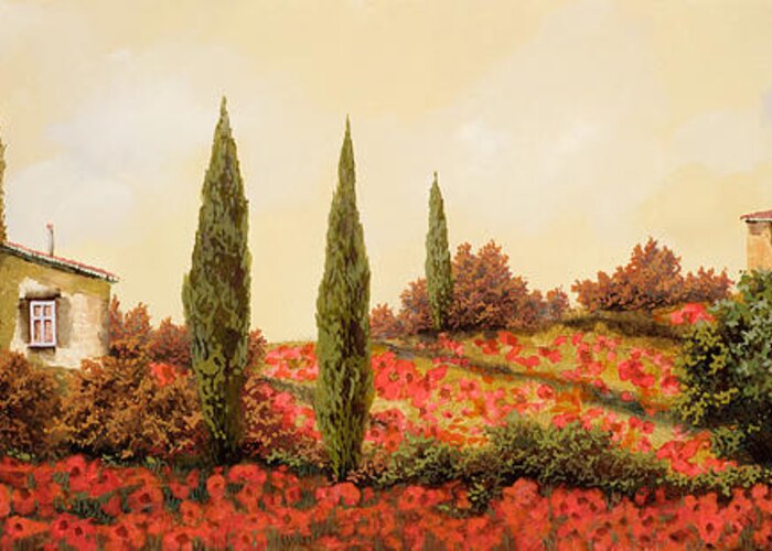 Landscape Greeting Card featuring the painting Tre Case Tra I Papaveri Rossi by Guido Borelli