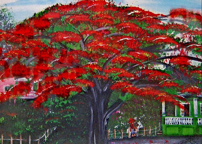 Flamboyant Tree Greeting Card featuring the painting Treasures of Puerto Rico by Gloria E Barreto-Rodriguez