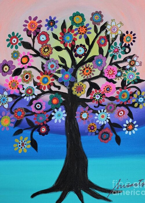 Tree Greeting Card featuring the painting Blooming Tree Of Life by Pristine Cartera Turkus