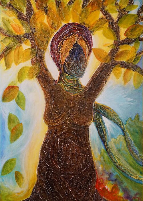 Tree Greeting Card featuring the painting Tree Woman by Theresa Marie Johnson