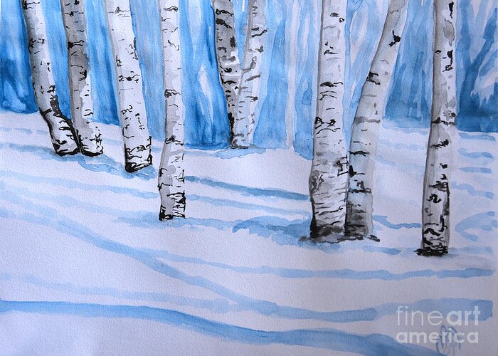 Birch Trees In The Snow Greeting Card featuring the painting Trees in the New Snow by Christine Dekkers